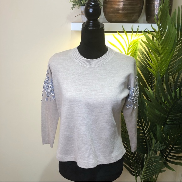 J. Crew Wool Floral Sequin Embellished 3/4 Sleeves Oatmeal Crewneck Sweater XXS - Picture 2 of 9